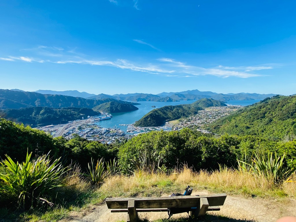 Uitzicht over de haven en groene heuvels van Picton in Marlborough Sounds, Nieuw-Zeeland.