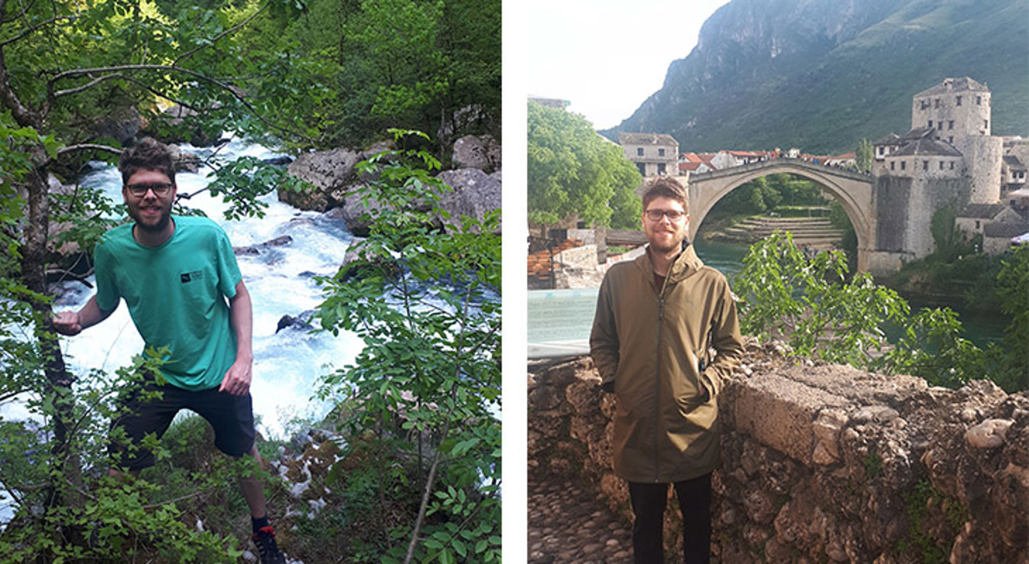 Joran in de Balkan Man poseert bij een bergbeek in het bos en bij de Stari Most-brug in Mostar, Bosnië en Herzegovina.
