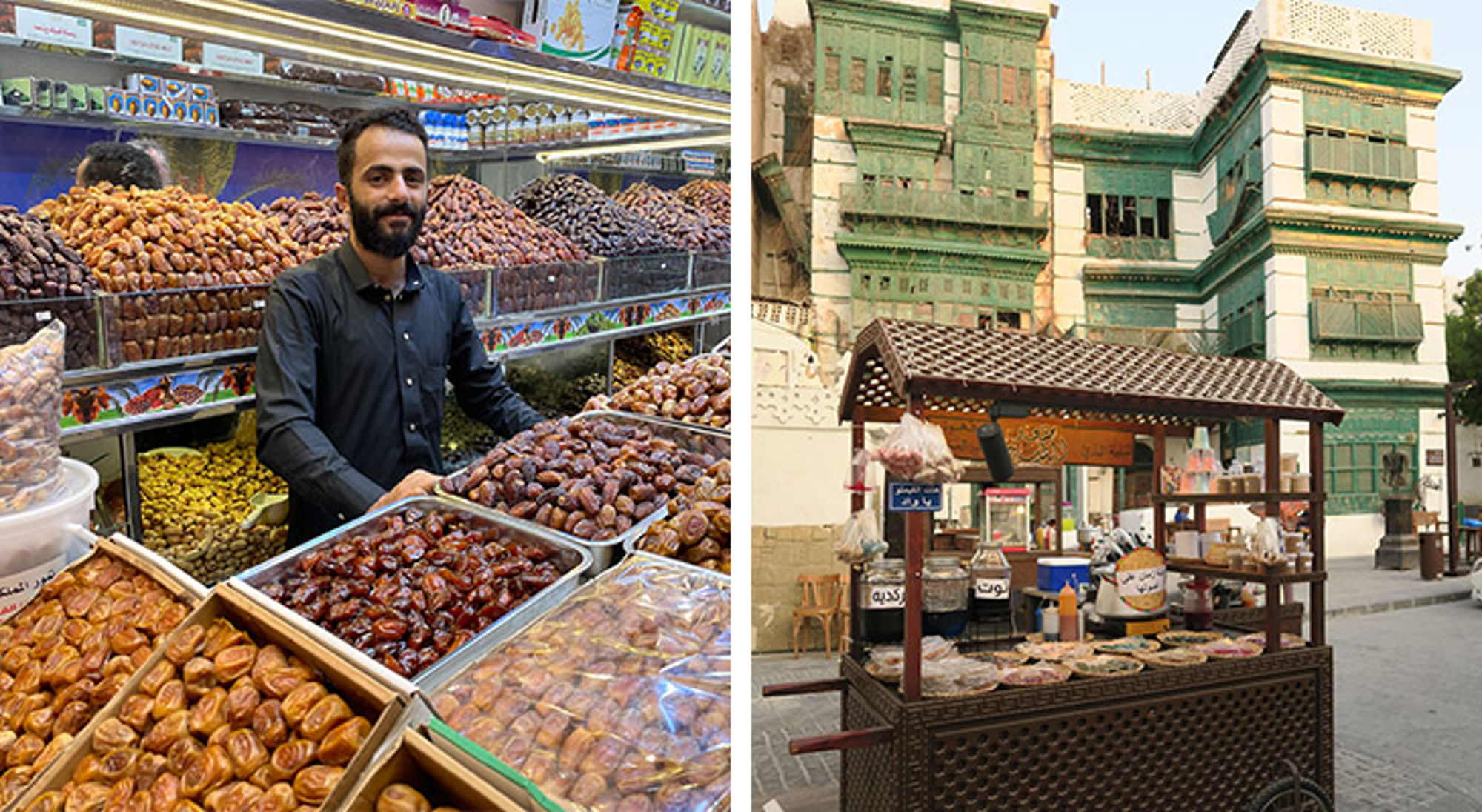 Dadelverkoper bij een kraam met gedroogd fruit, naast een straatkraam voor traditionele snacks in een oude stad.