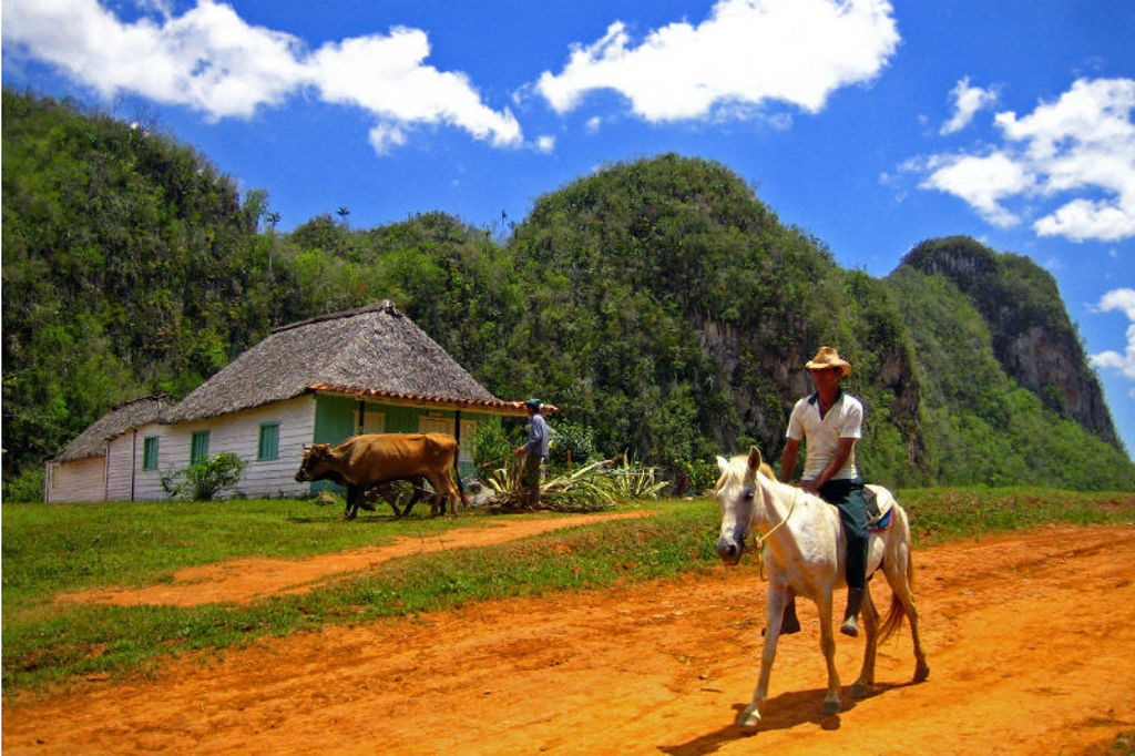 Ruiter te paard op een zandpad langs een boerderij in Cuba, met groene heuvels op de achtergrond.
