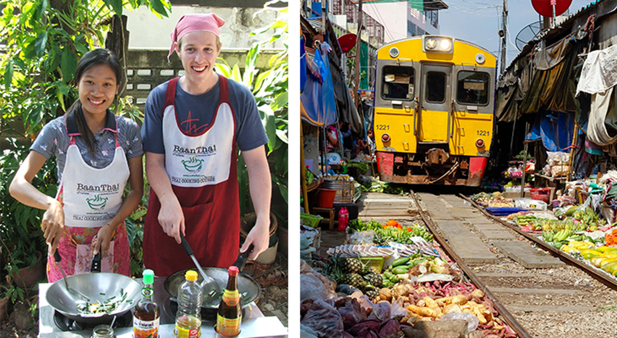 Kookworkshop in Thailand en trein door de Maeklong Railway Market tussen groente- en fruitkramen.