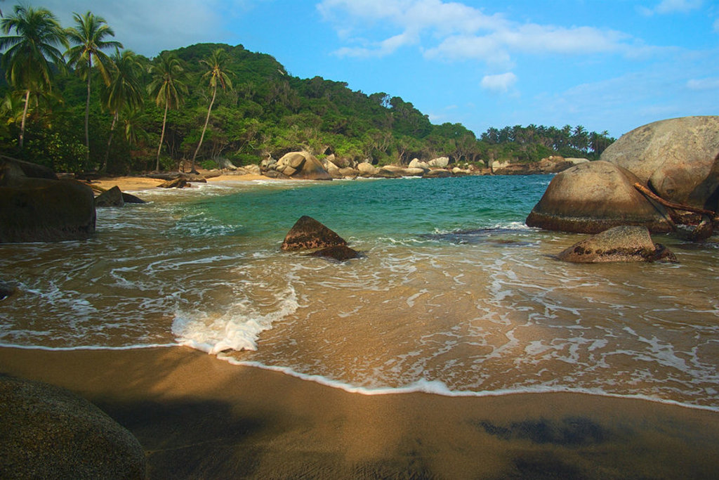 Tropisch strand in Colombia met palmbomen, rotsen en helderblauw zeewater tijdens een familiereis.