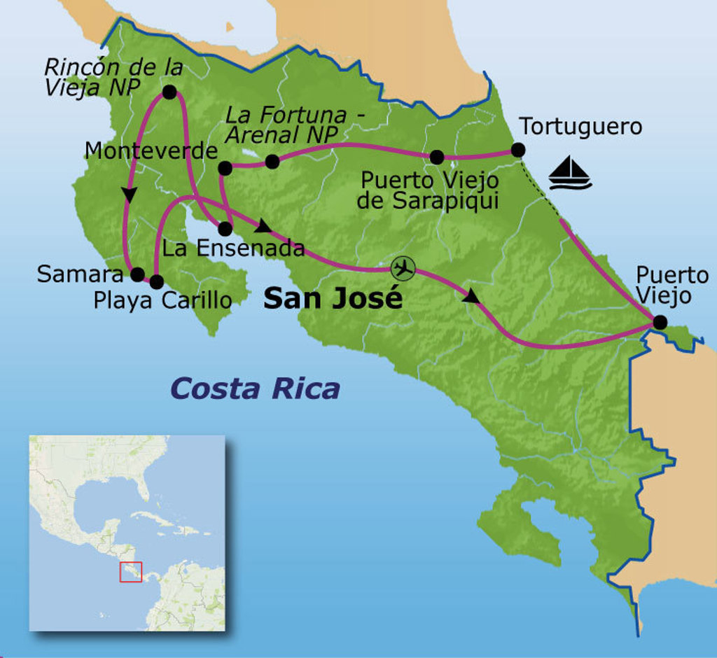 Routekaart Costa Rica met reisroute langs San José, Monteverde, La Fortuna/Arenal, Tortuguero en Puerto Viejo.