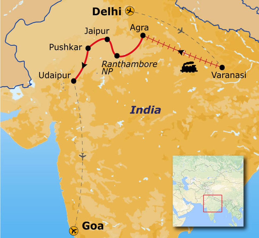 Routekaart India met reisroute via Delhi, Agra, Ranthambore NP, Jaipur, Pushkar, Udaipur, Varanasi en Goa.