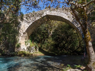 Stenen boogbrug over een helderblauwe rivier in een groen boslandschap in Griekenland.