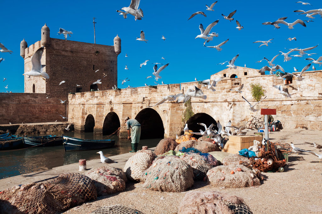 Vissershaven in Essaouira, Marokko, met boten, visnetten en meeuwen bij de oude stadsmuren.