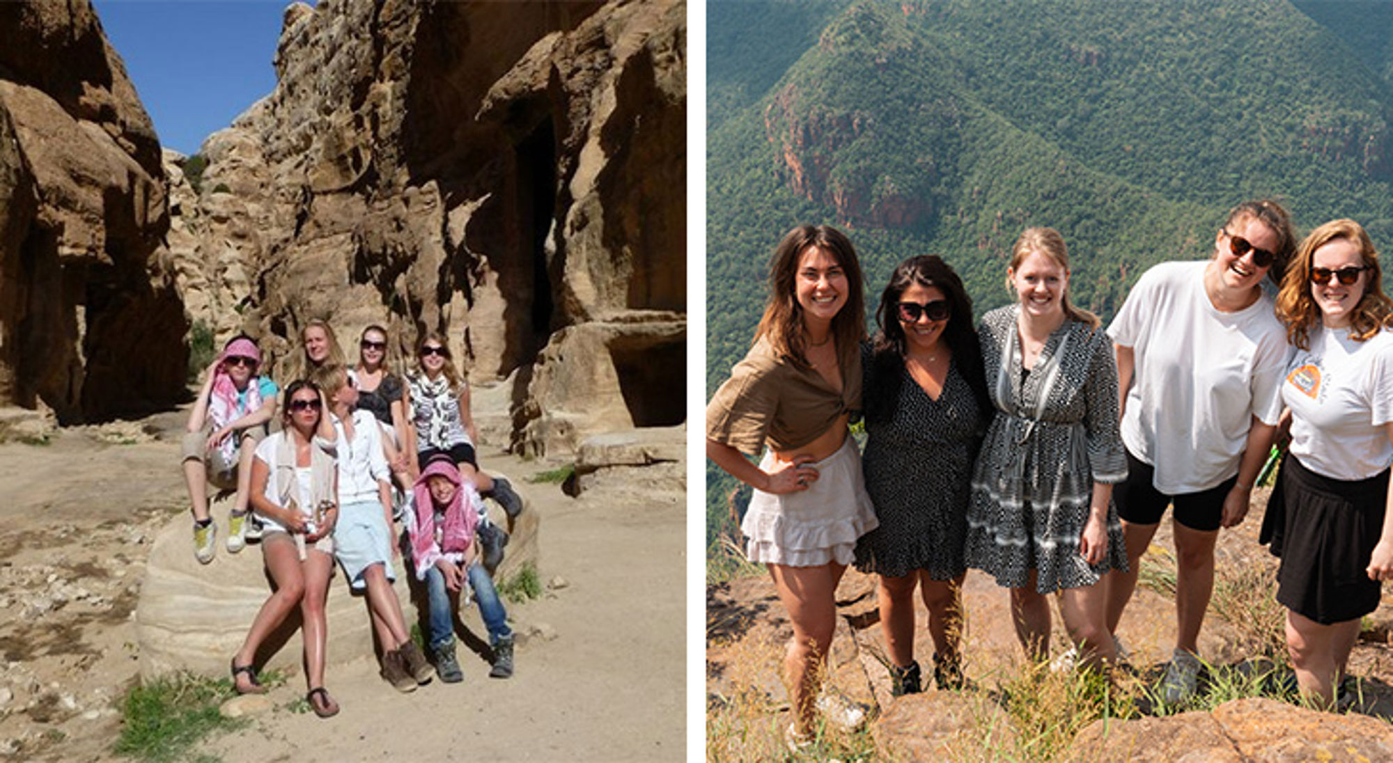 Céline in Jordanië & Zuid-Afrika Groepsfoto van reizigers bij rotsformaties en op een berguitzichtpunt met groene vallei op de achtergrond.