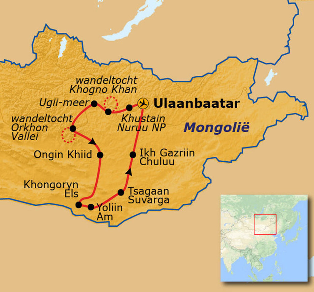 Routekaart Route 2 Mongolië 23-dagen met reisroute langs o.a. Ulaanbaatar, Khustai NP, Gobi en Ugii-meer.