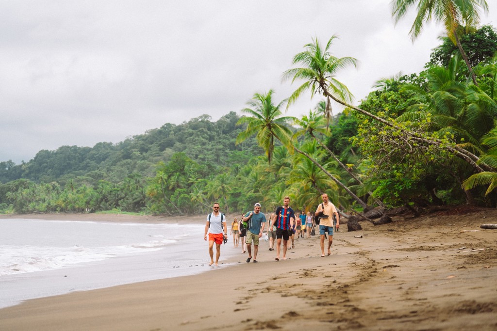 22-35ers groepsreis Costa Rica: reizigers wandelen over een tropisch strand met palmbomen.