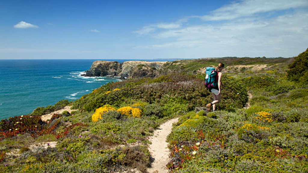Wandelaar op kustpad langs de Costa Vicentina in Portugal, met uitzicht op kliffen en de Atlantische Oceaan.