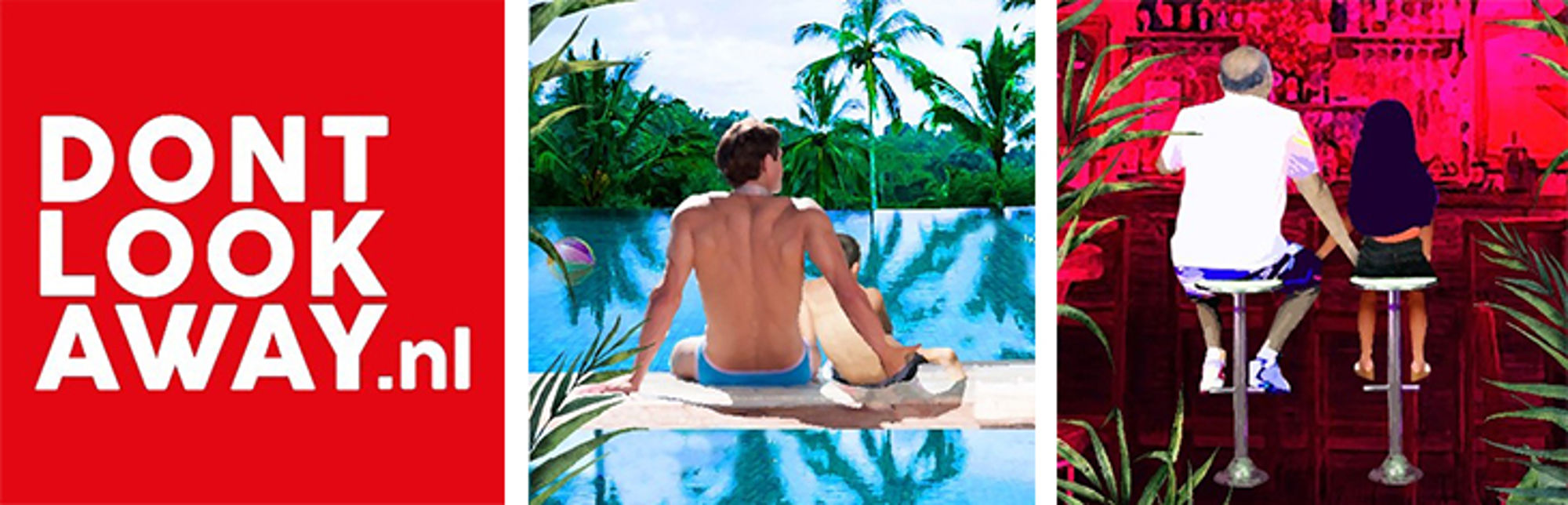 Don't Look Away Dontlookaway.nl-logo met illustraties van een koppel bij een zwembad en aan een bar.