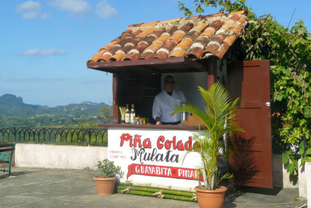 Cocktailkraam met piña colada en uitzicht op het Cubaanse landschap tijdens een groepsrondreis Cuba.