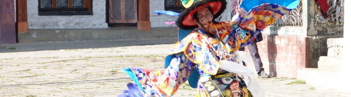 Gemaskerde danser in kleurrijk kostuum tijdens een festival in West-Bhutan.