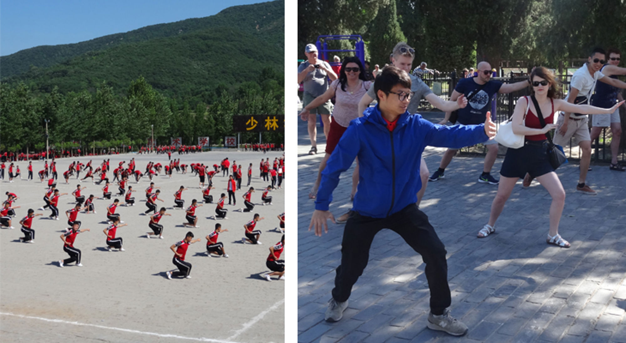 Shaolin Kungfu in China Groep toeristen doet tai chi-oefeningen op een plein bij het Shaolin-klooster in China.