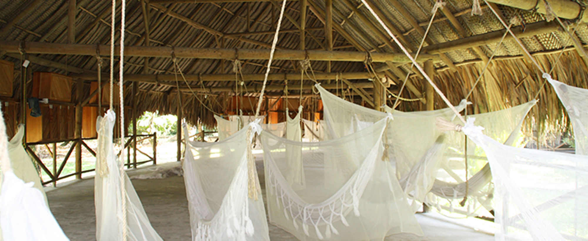 Hangmatten in Suriname en Colombia Hangmatten met klamboes onder een rieten dak in een open lodge.