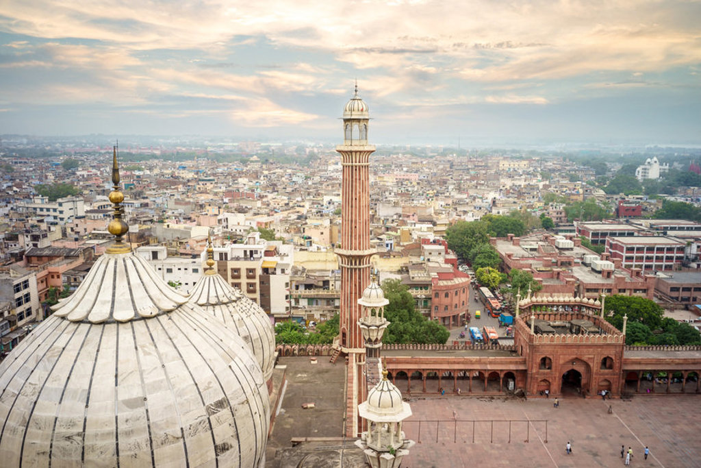 Uitzicht over de Jama Masjid-moskee en de stad Delhi tijdens een 22-35ers reis India.