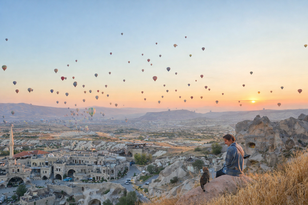 Zonsopkomst in Cappadocië, Turkije, met tientallen luchtballonnen boven het valleilandschap.