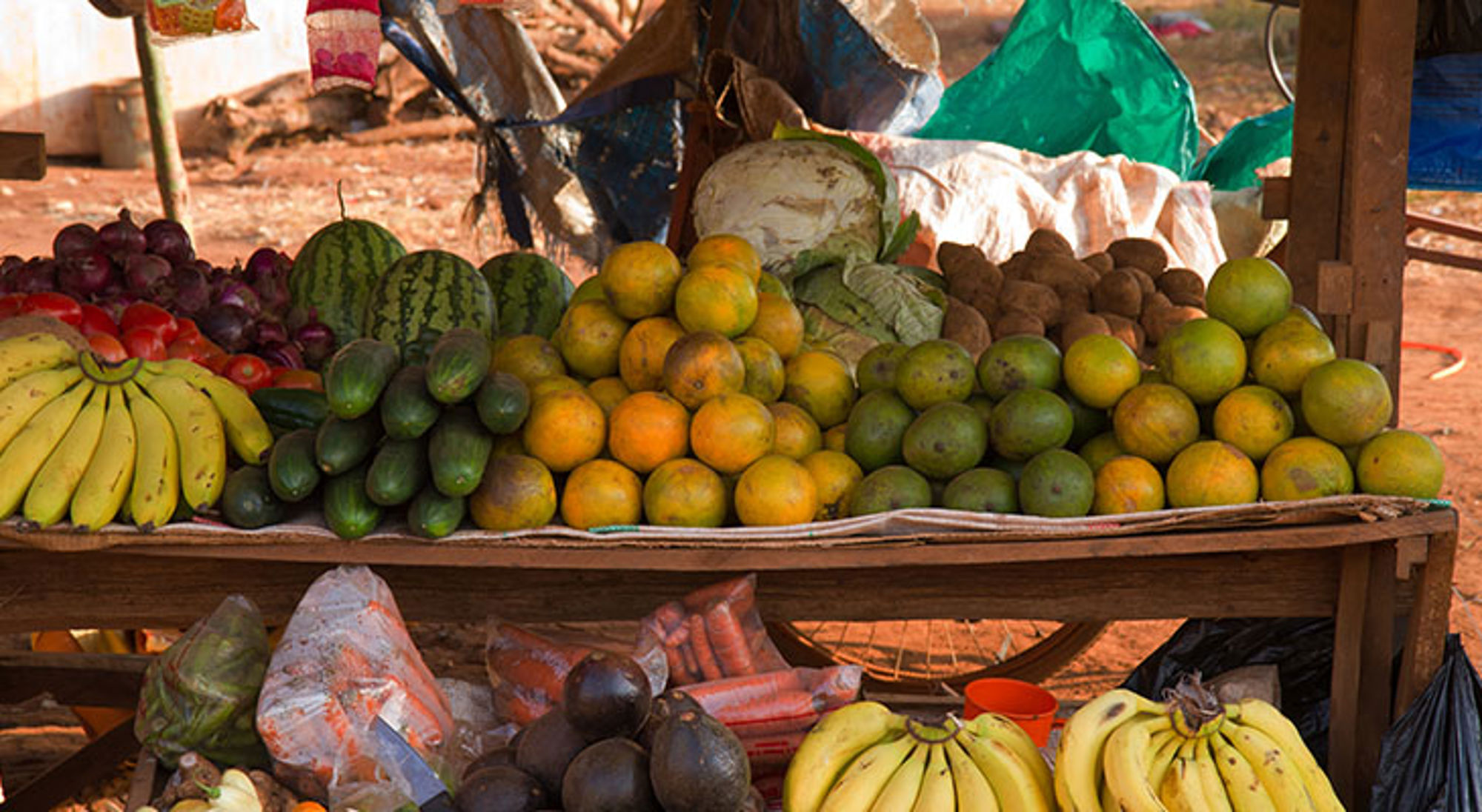 Fruitmarkt in Arusha Fruitkraam op een markt in Tanzania met bananen, citrusvruchten, watermeloenen en avocado’s.