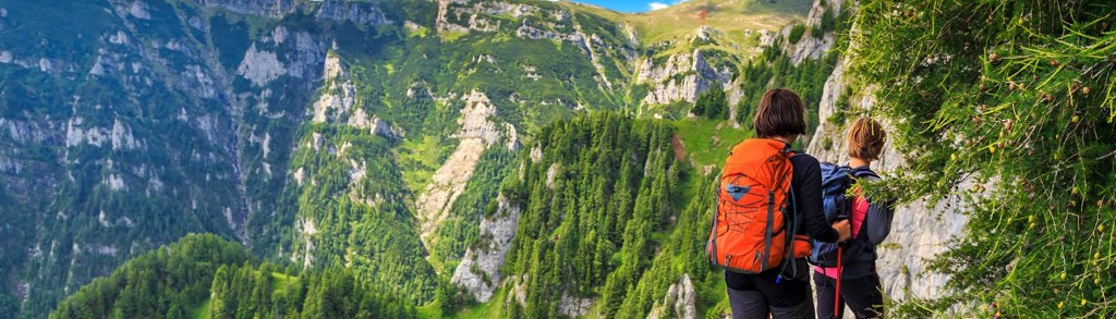 Wandelaars met rugzak kijken uit over de groene Karpaten in Roemenië tijdens een groepsrondreis.