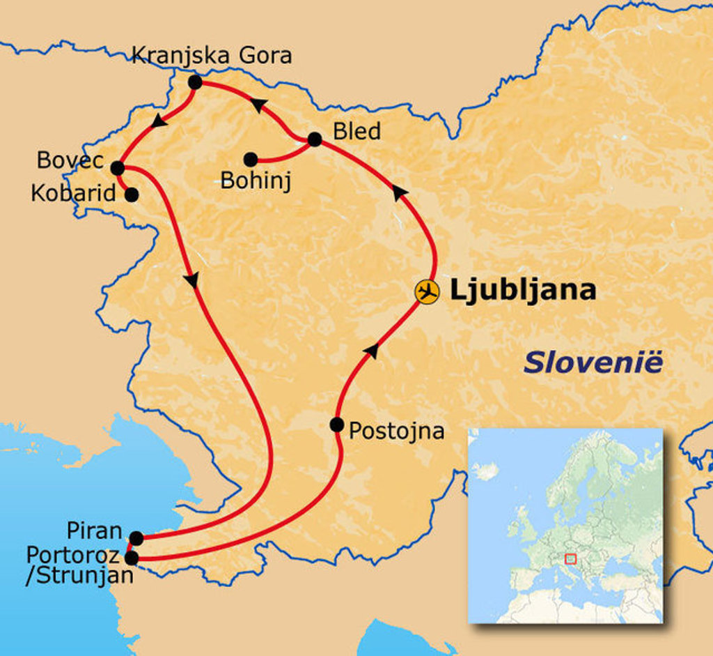 Routekaart Slovenië met reisroute via Ljubljana, Bled, Bohinj, Kranjska Gora, Bovec, Kobarid, Postojna en Piran.