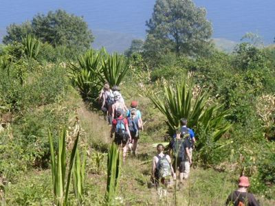 Wandelaars op een groen bergpad op Kaapverdië tijdens de route Kaapverdische eilanden.