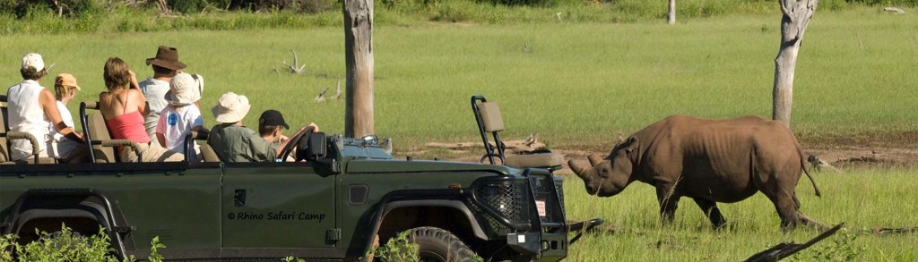 Safari in Zimbabwe: groep in open jeep ziet een neushoorn in de grasvlakte.