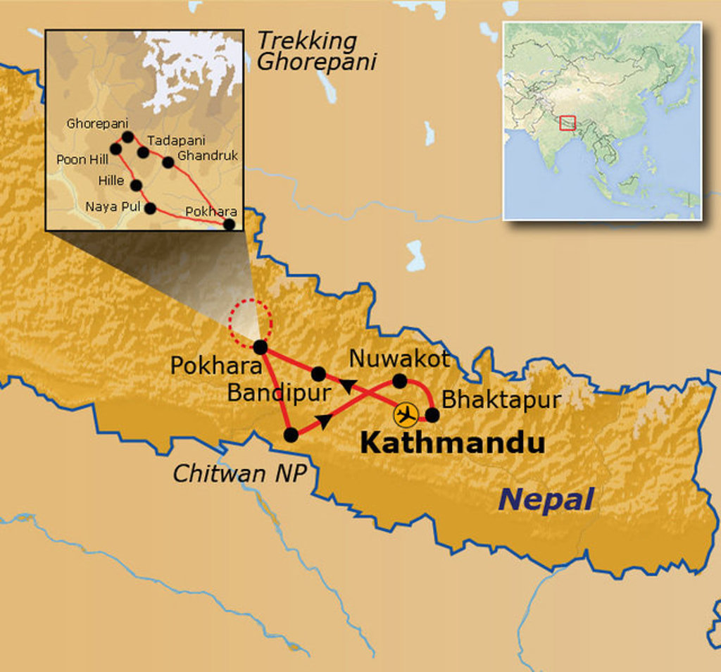 Routekaart Nepal met reisroute langs Kathmandu, Bhaktapur, Nuwakot, Bandipur en Pokhara, plus trekking Ghorepani.