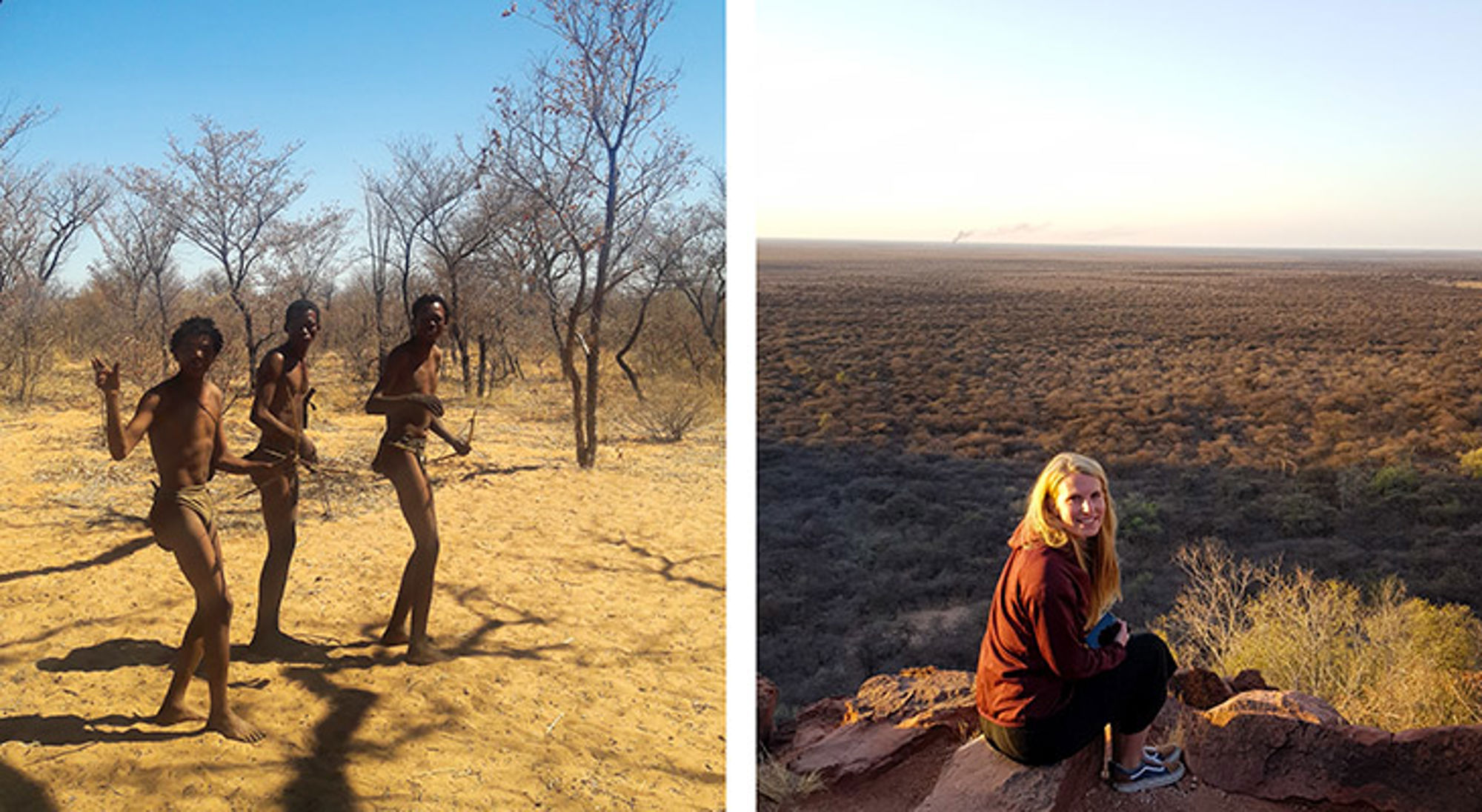 Waterberg, Namibië Reiziger op rots met uitzicht over uitgestrekte savanne, naast lokale bewoners in droog bosgebied.