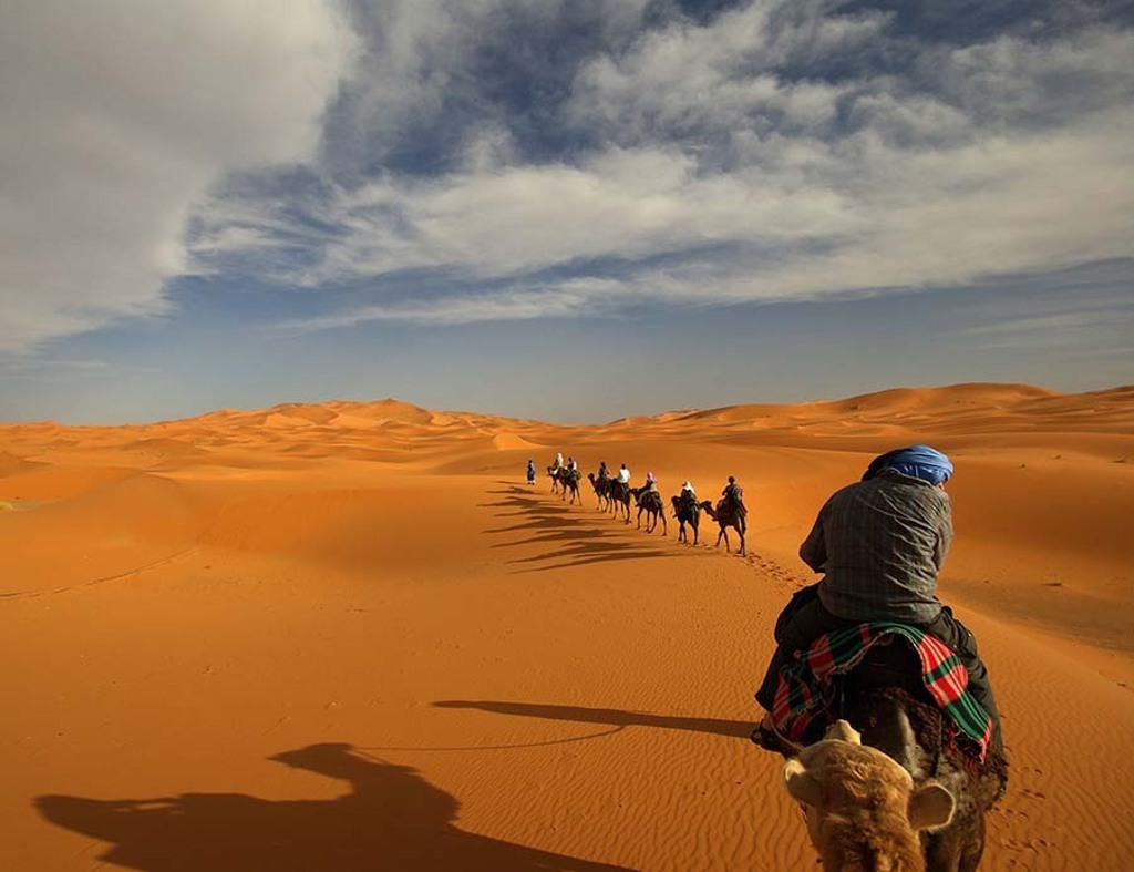 Kameelkaravaan door de zandduinen van de Sahara tijdens een rondreis in Marokko.