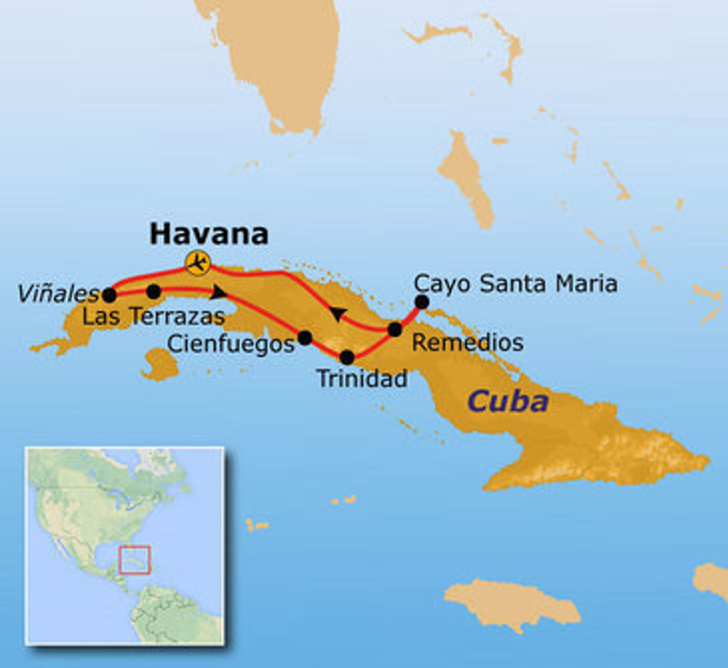 Routekaart rondreis Cuba 17 dagen: Havana, Viñales, Las Terrazas, Cienfuegos, Trinidad, Remedios en Cayo Santa Maria.