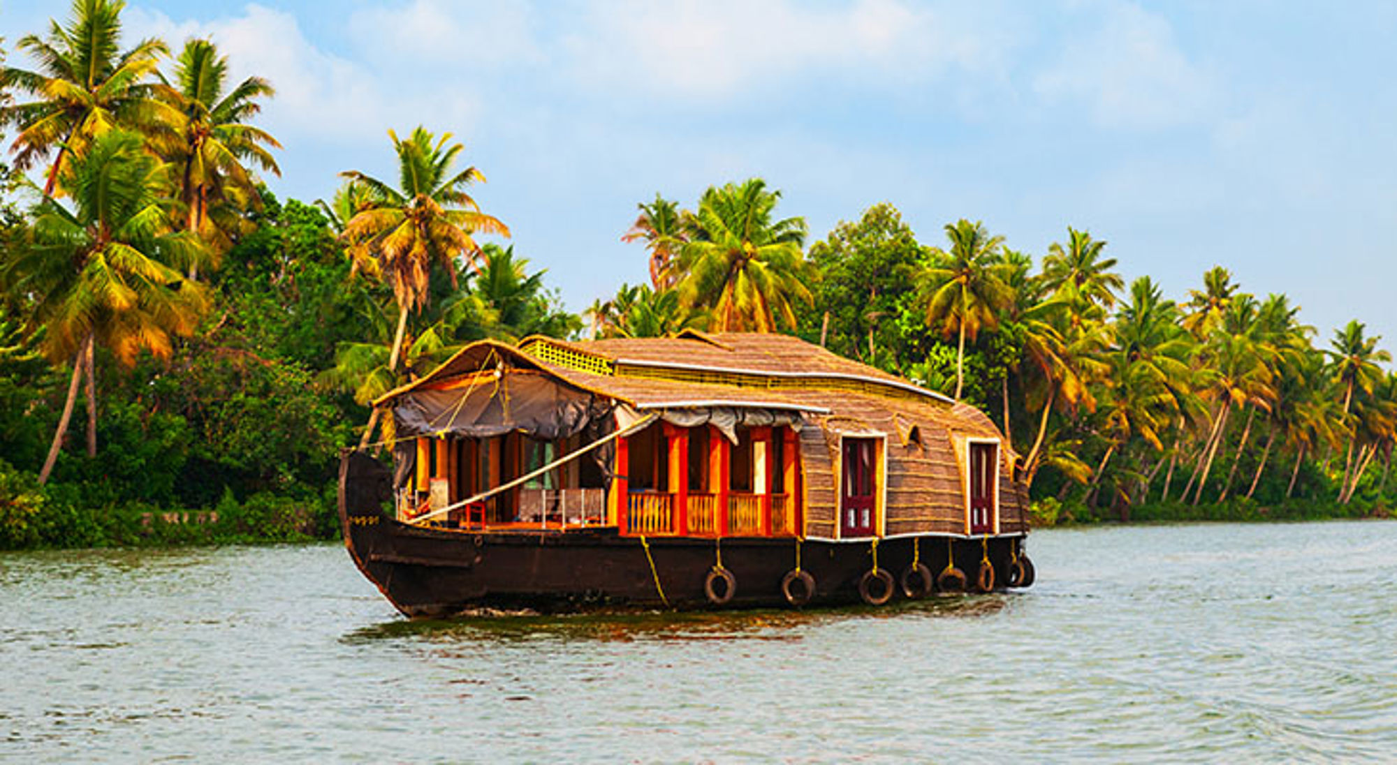 Traditionele houseboat op een rustige rivier, omringd door palmbomen.