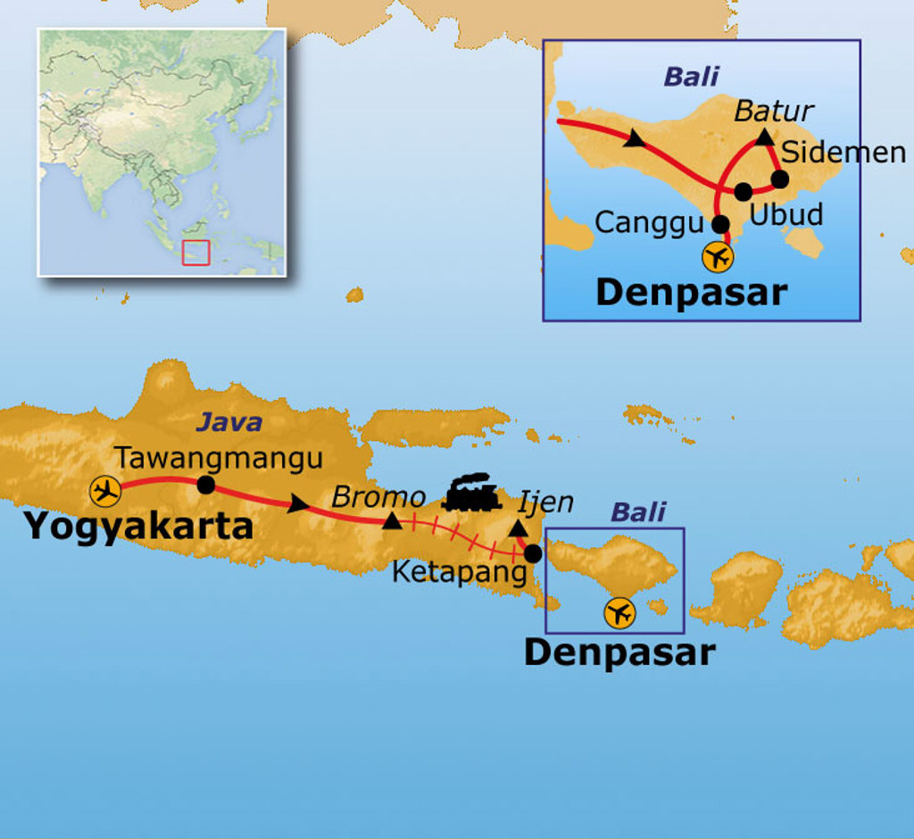Routekaart Java en Bali met reisroute langs Yogyakarta, Tawangmangu, Bromo, Ijen, Ketapang, Ubud en Denpasar.
