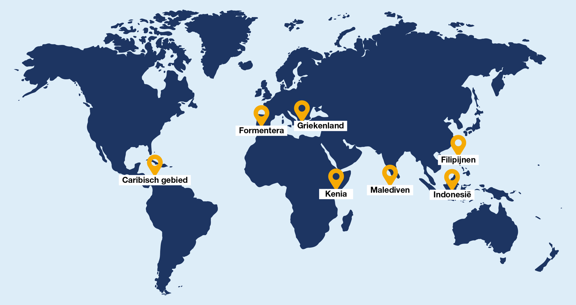Projecten Blue Marine Wereldkaart met gemarkeerde bestemmingen: Caribisch gebied, Formentera, Griekenland, Kenia, Malediven, Filipijnen en Indonesië.