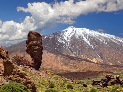 Besneeuwde top van de Teide op Tenerife met vulkanisch landschap en rotsformaties op de voorgrond.
