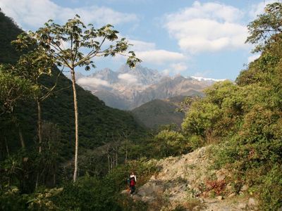 Wandelaar op bergpad met uitzicht op groene Andesvallei en besneeuwde toppen in Peru.