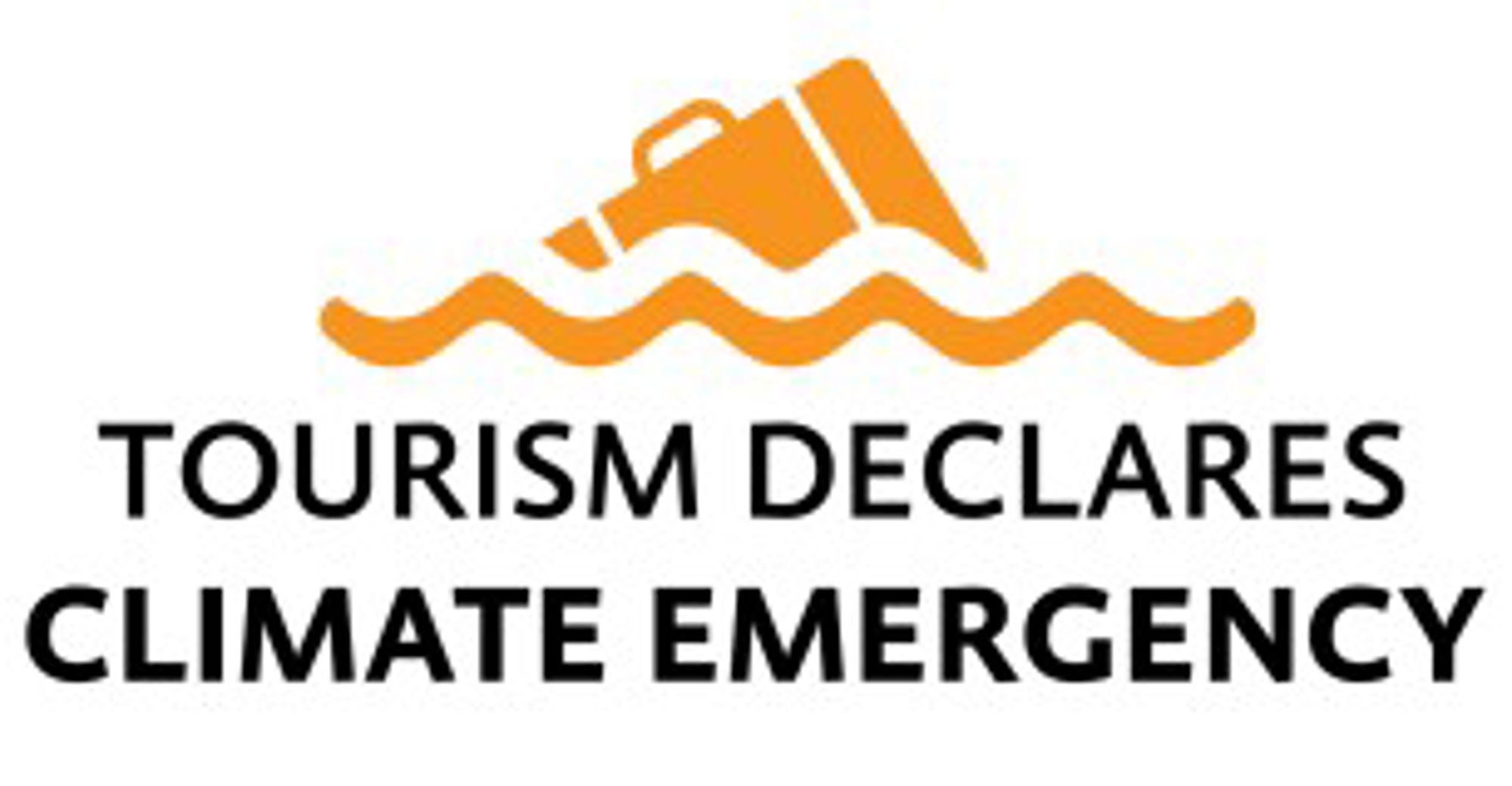 Tourism Declares a climate emergency Logo van Tourism Declares Climate Emergency met koffer boven golven.