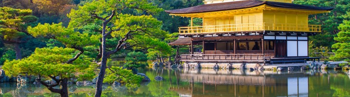 Kinkakuji, de Gouden Paviljoentempel in Kyoto, weerspiegeld in de vijver tussen dennenbomen.