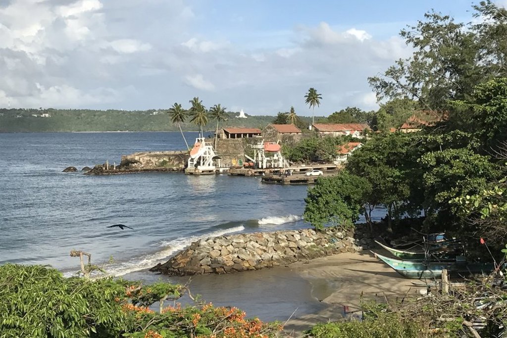 Kustplaats in Sri Lanka met baai, palmbomen, vissersboten en bebouwing aan het water.