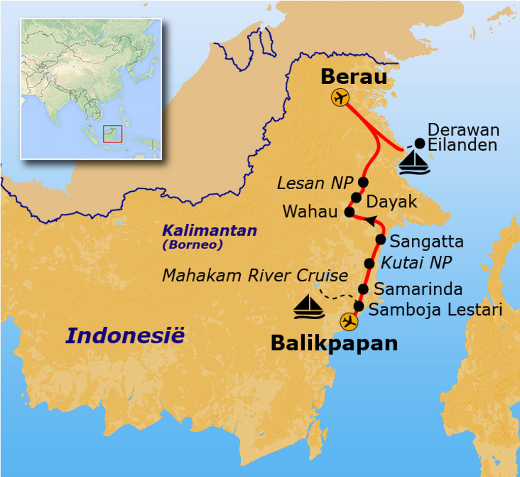 Routekaart Kalimantan met reisroute Balikpapan, Samarinda, Kutai NP, Lesan NP, Berau en Derawan Eilanden.