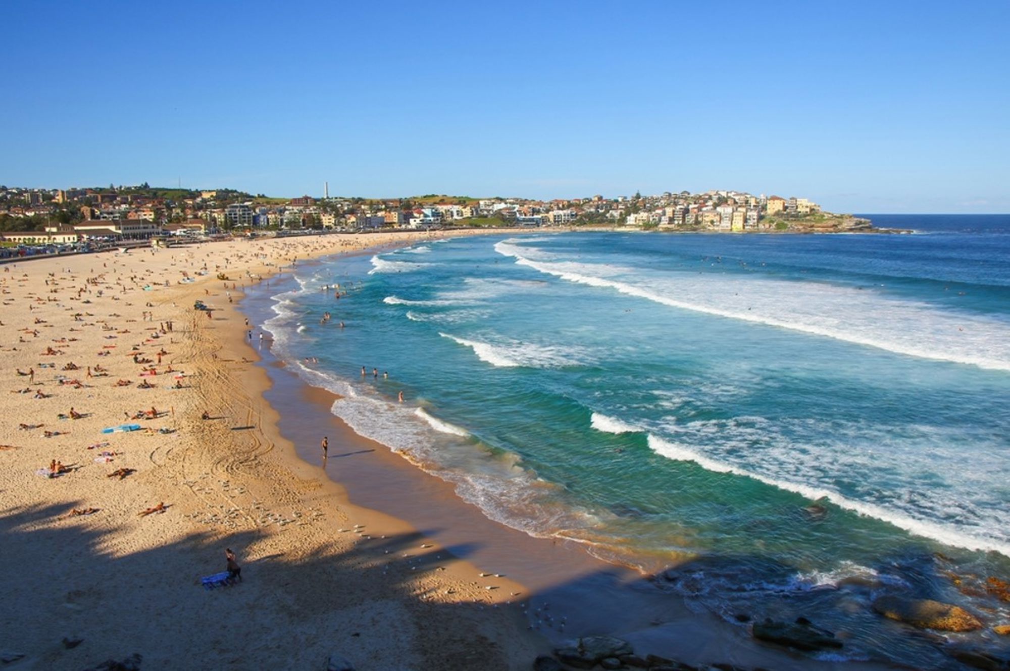 Panoramisch uitzicht op Bondi Beach in Sydney, Australië, met zandstrand, surfers en rollende golven.