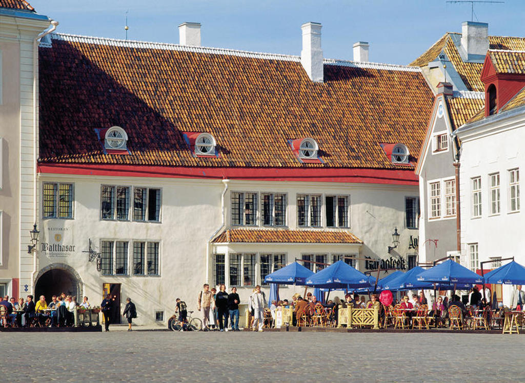 Terras op het Raadhuisplein in Tallinn met historische gebouwen en rode dakpannen, tijdens familiereis Polen en Baltische Staten.