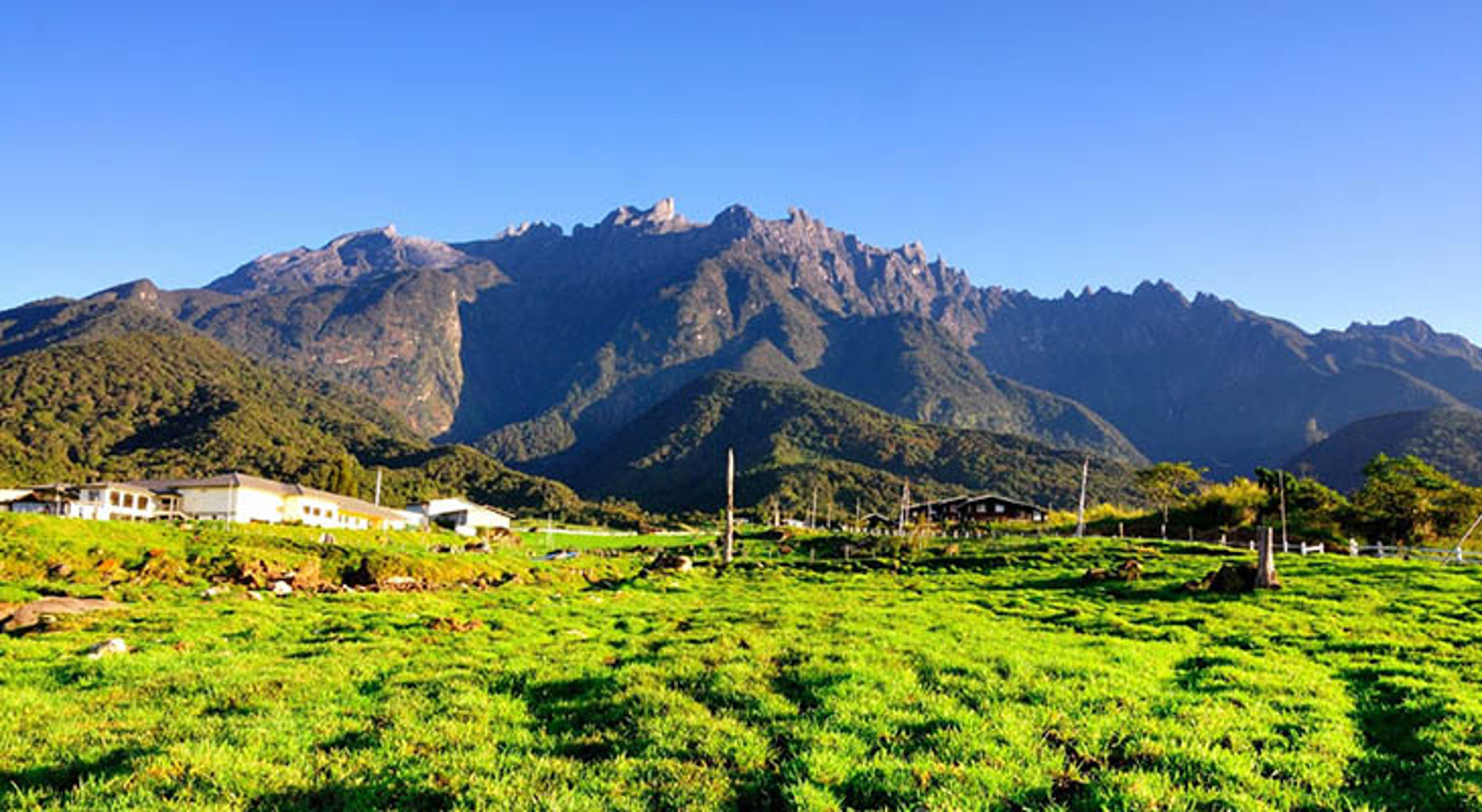 Mount Kinabalu Groene weide met boerderijen voor een ruige bergketen onder een heldere blauwe lucht.