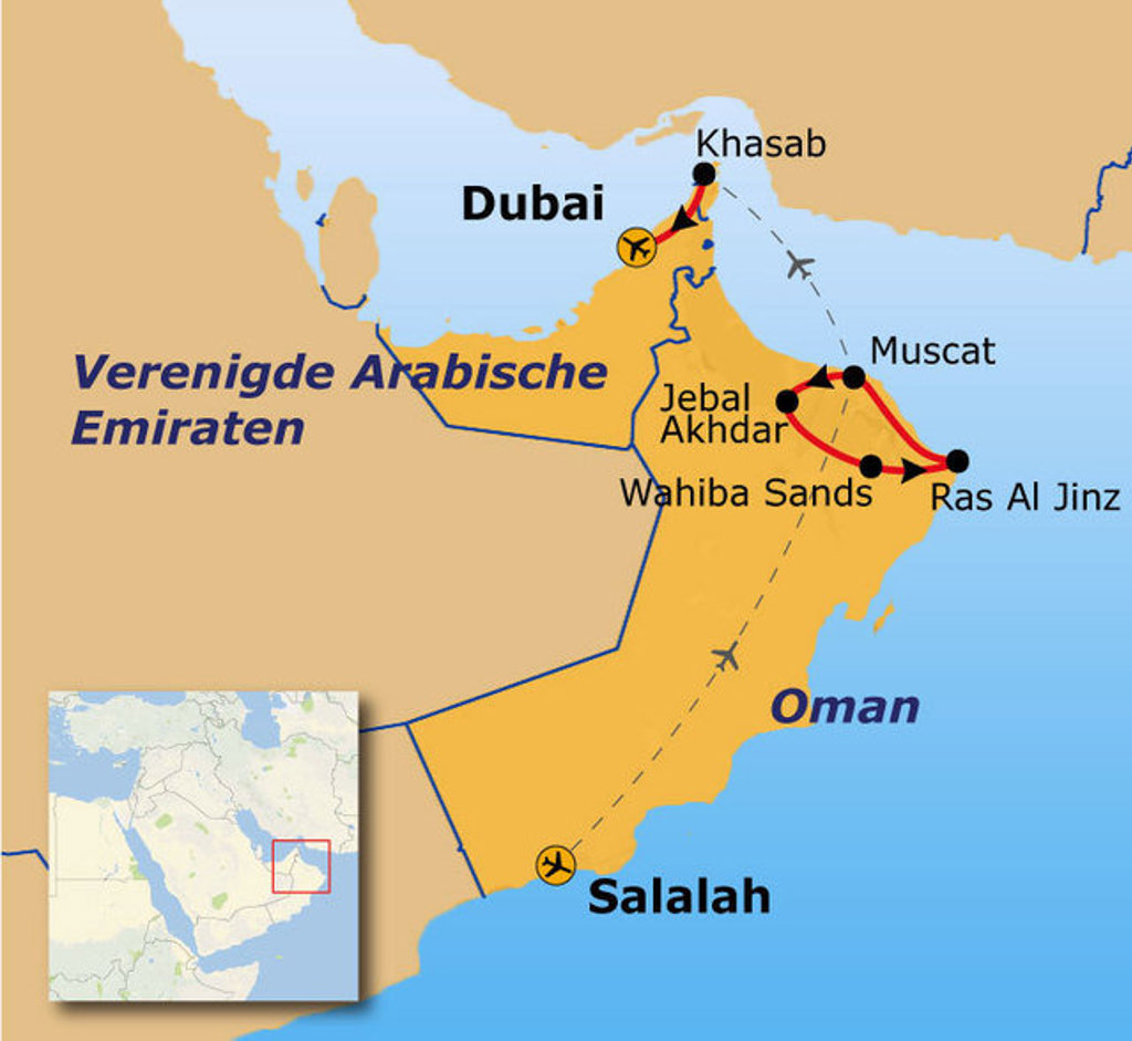 Routekaart Oman en Dubai met reisroute langs Dubai, Khasab, Muscat, Jebal Akhdar, Wahiba Sands, Ras Al Jinz en Salalah.