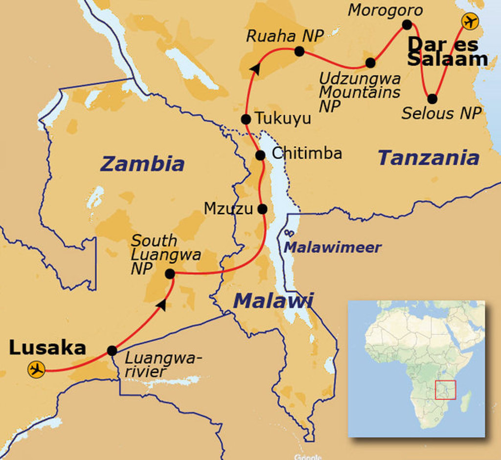 Routekaart Zambia, Malawi en Tanzania met reisroute van Lusaka naar Dar es Salaam via South Luangwa NP en Malawimeer.
